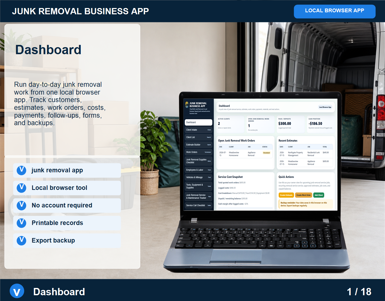 Junk Removal business app Junk Removal screen for service workflow management